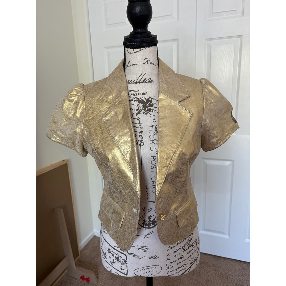 Phosphorus Gold Metallic Genuine Leather Puff Sleeve Cropped Blazer Jacket M